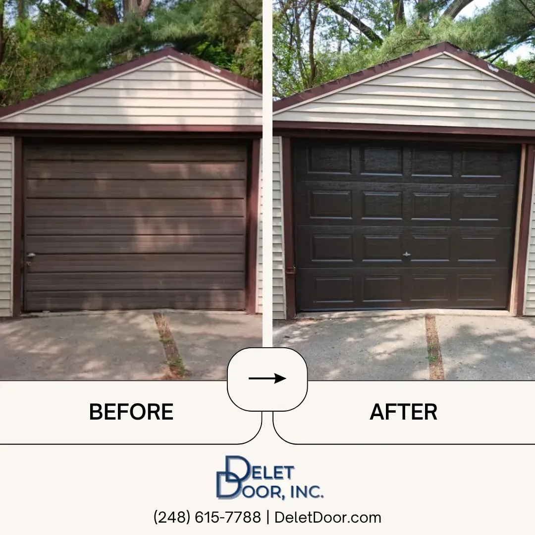 Before-and-after garage door makeover: faded brown door replaced with a dark paneled door.