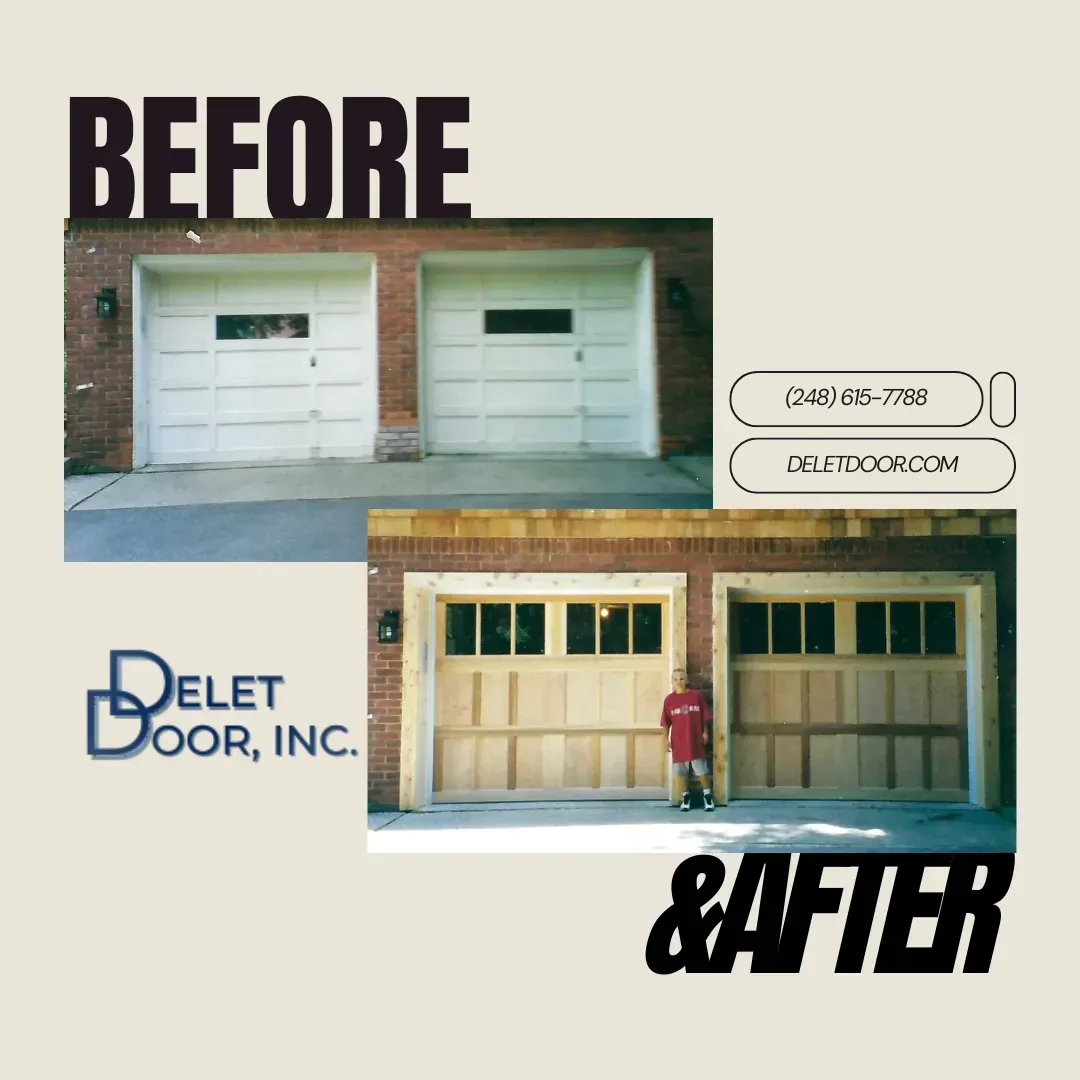 Before-and-after garage door replacement by Delet Door, Inc., showing old white doors and new tan doors.
