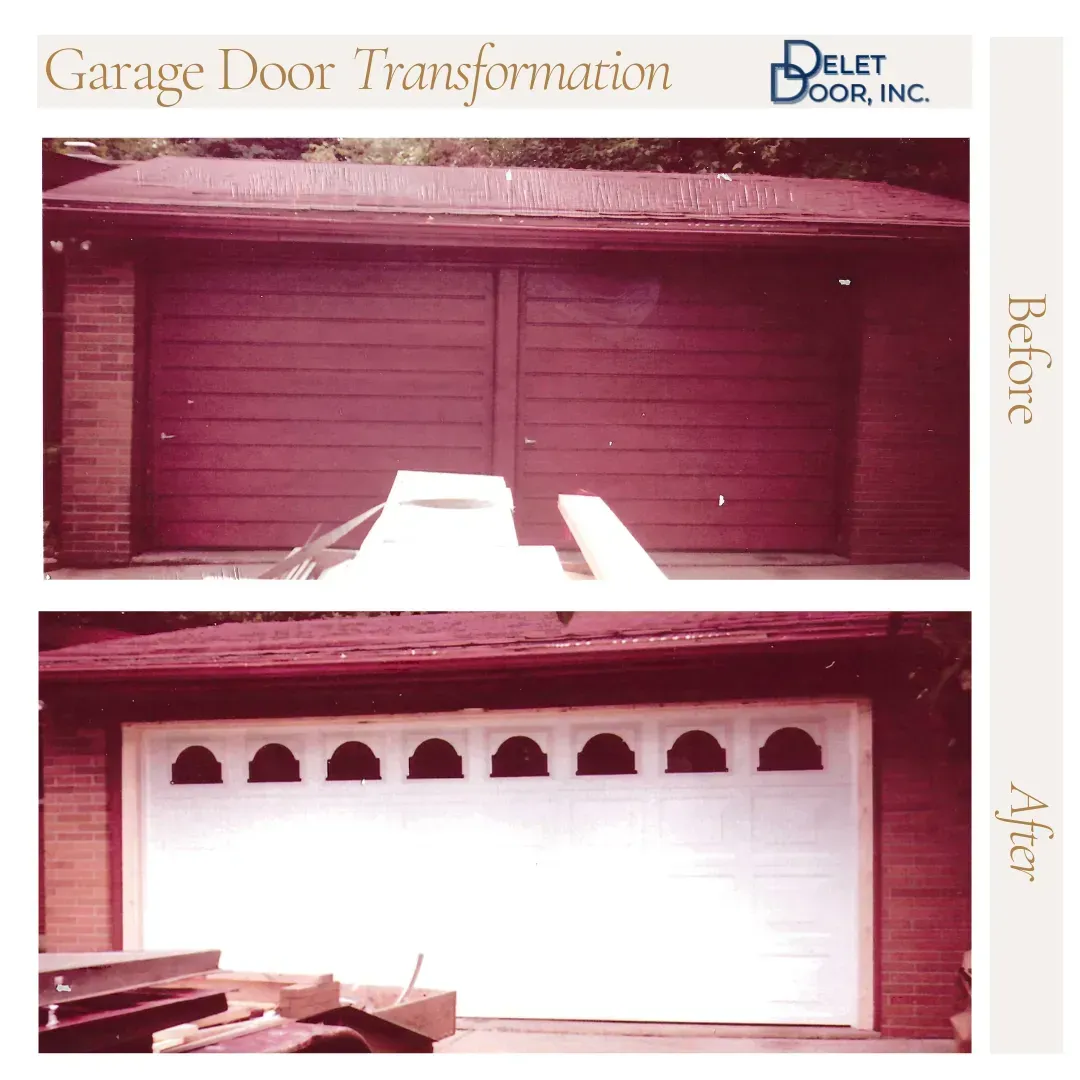 Before-and-after garage door transformation, from plain dark doors to a white arched carriage-style door