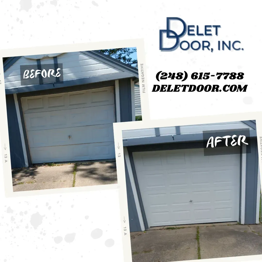 Before-and-after garage door replacement by Delet Door, Inc., showing an old white door and a new white door.