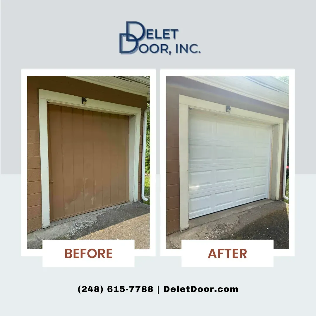 Before-and-after garage door replacement: brown door changed to white paneled door by Delet Door, Inc.