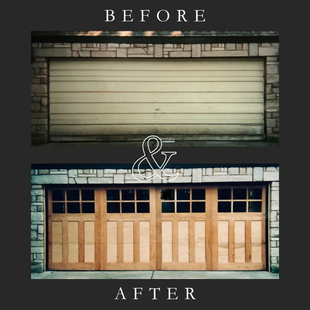 Before-and-after of a garage door renovation, showing a plain white door above and a wood-framed door below.
