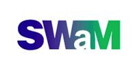 Stylized SWaM logo in blue, white, teal, and green letters on a white background