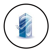 Blue abstract glass building icon inside a black-outlined circle