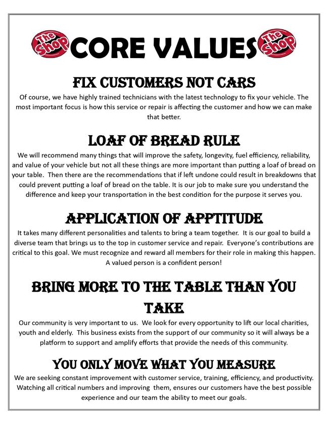 A poster that says `` core values fix customers not cars ''.