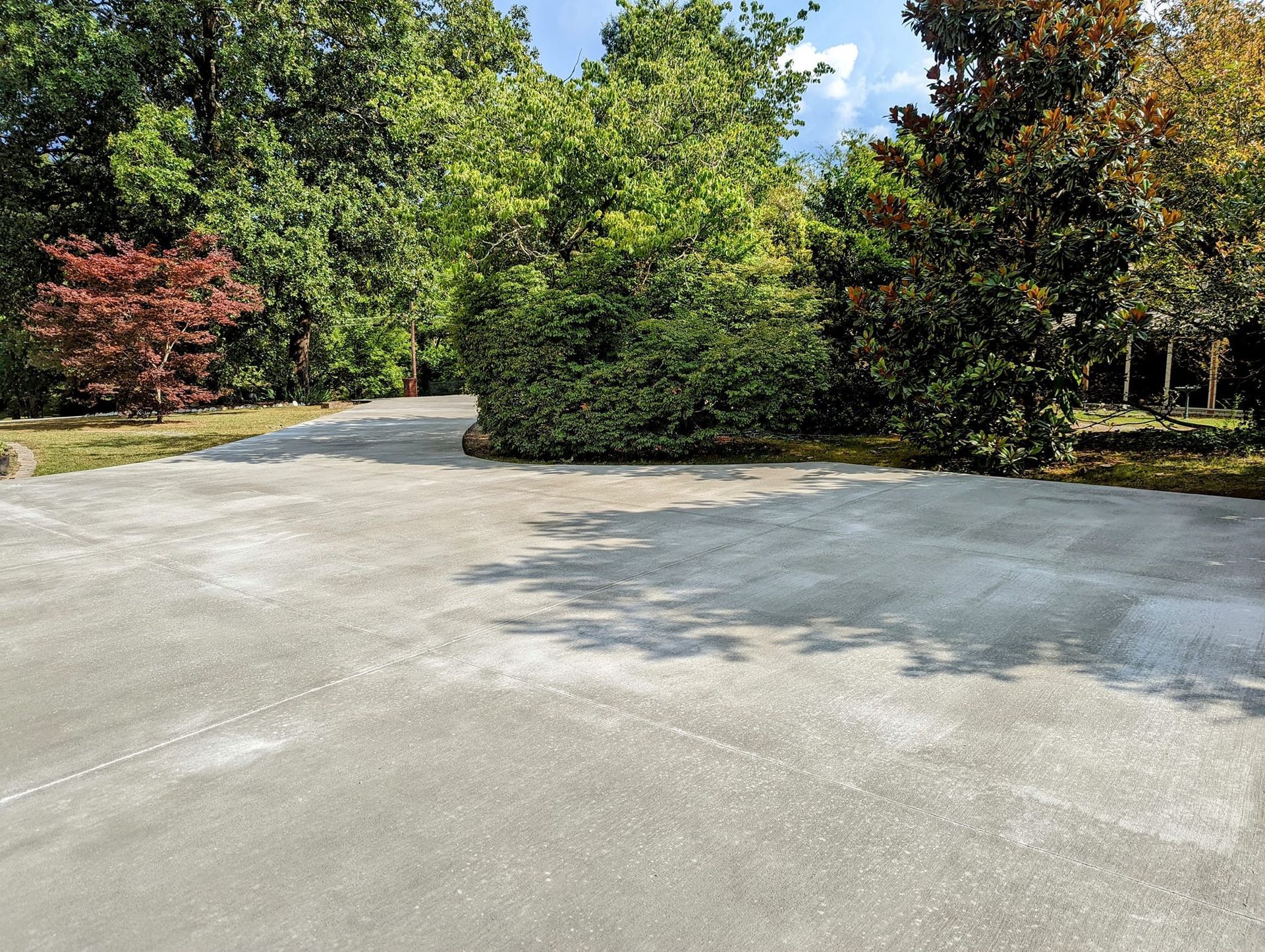 A concrete driveway surrounded by trees on a sunny day.