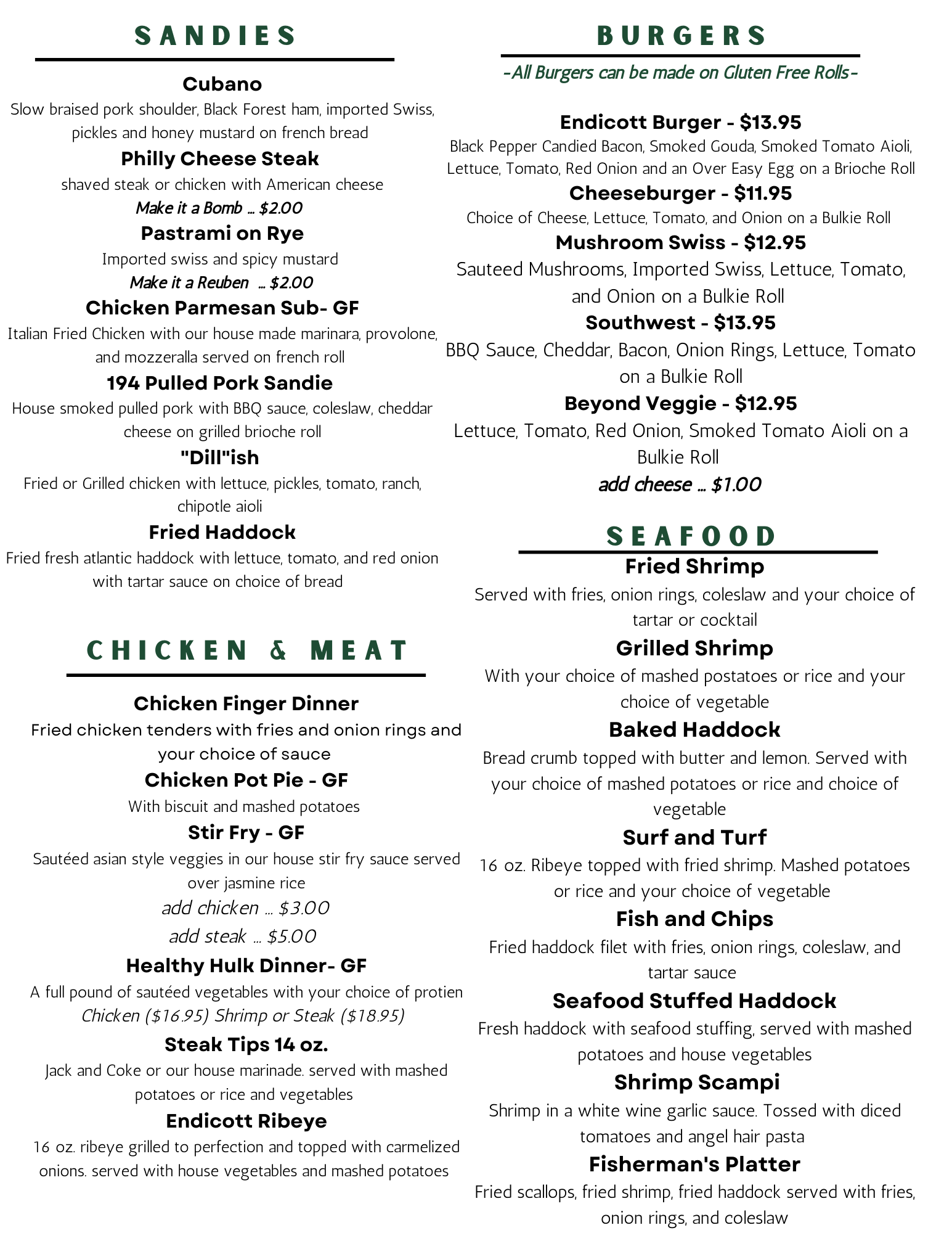 Endicott Grille Menu Danvers, MA