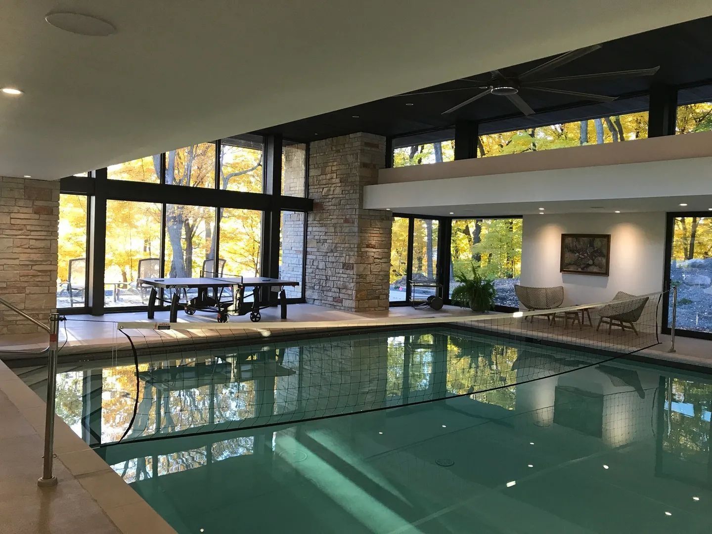 Indoor pool with large windows overlooking trees. Ping pong table, seating, and stone wall visible.
