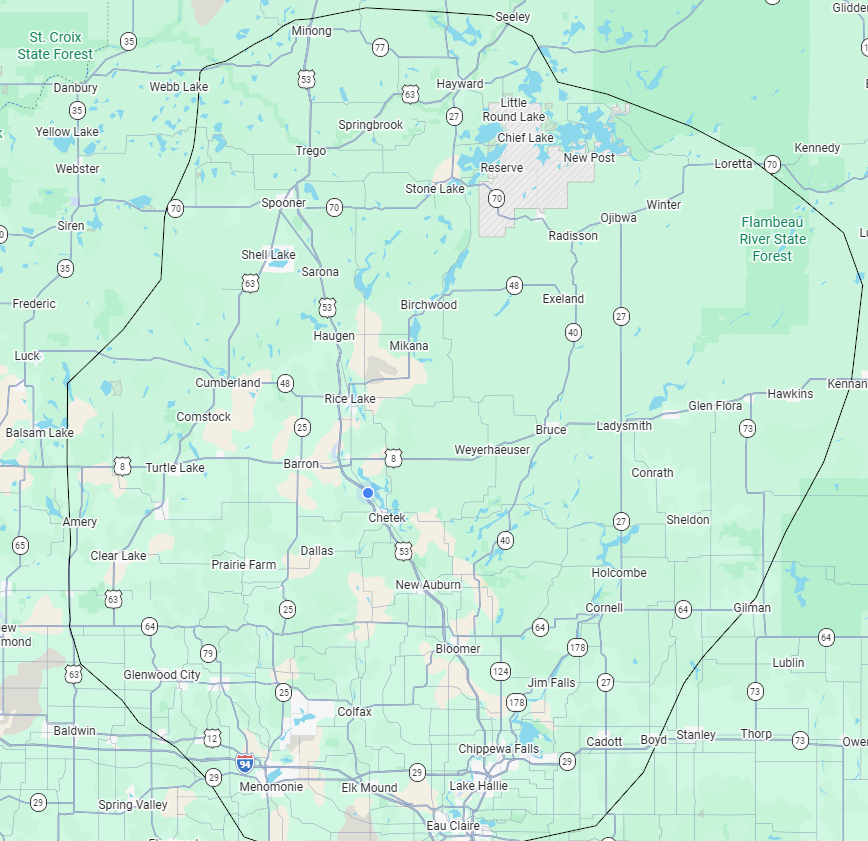 Road map showing lakes, highways, and town labels in a rural green region