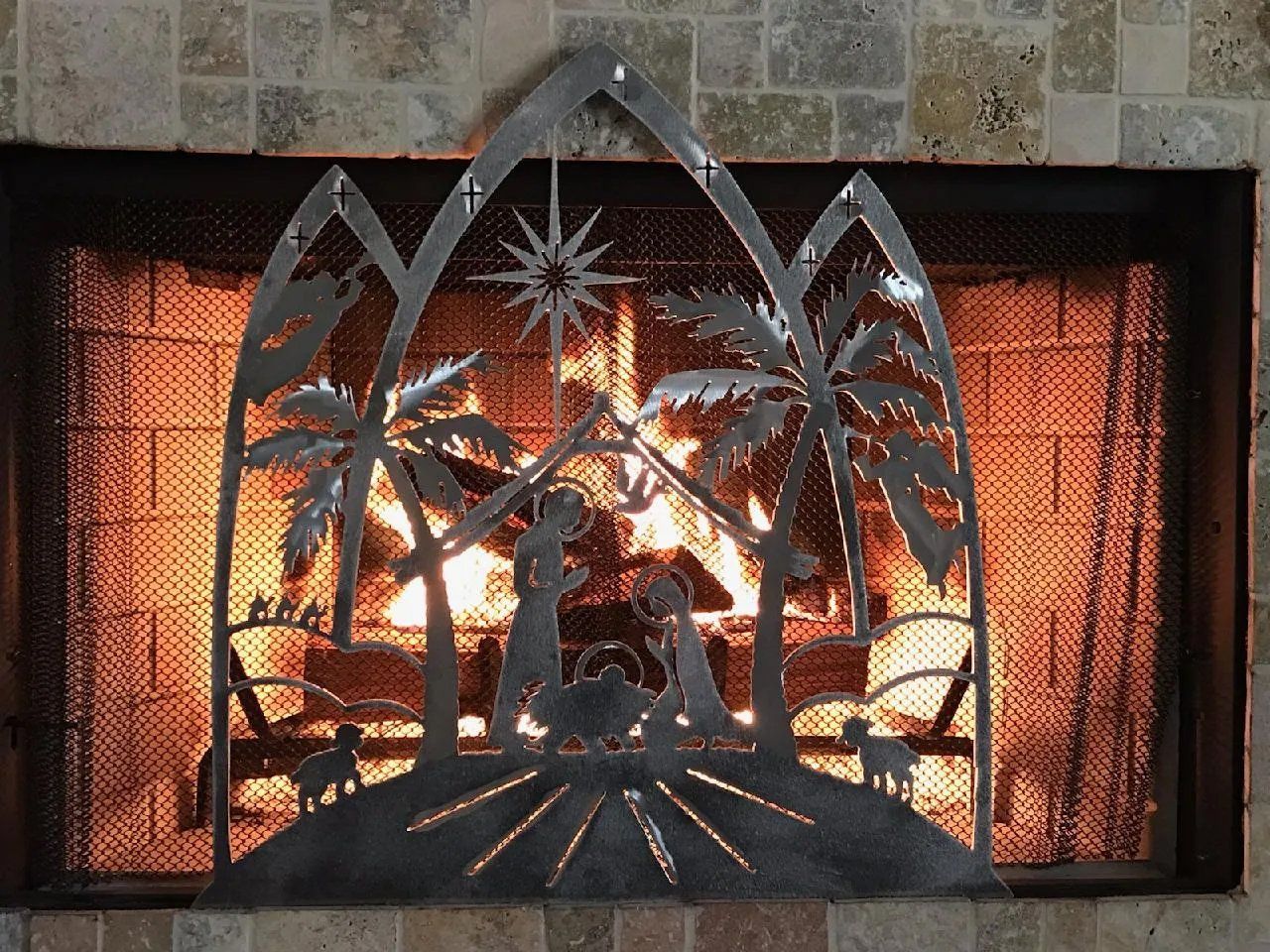 Nativity in front of fireplace