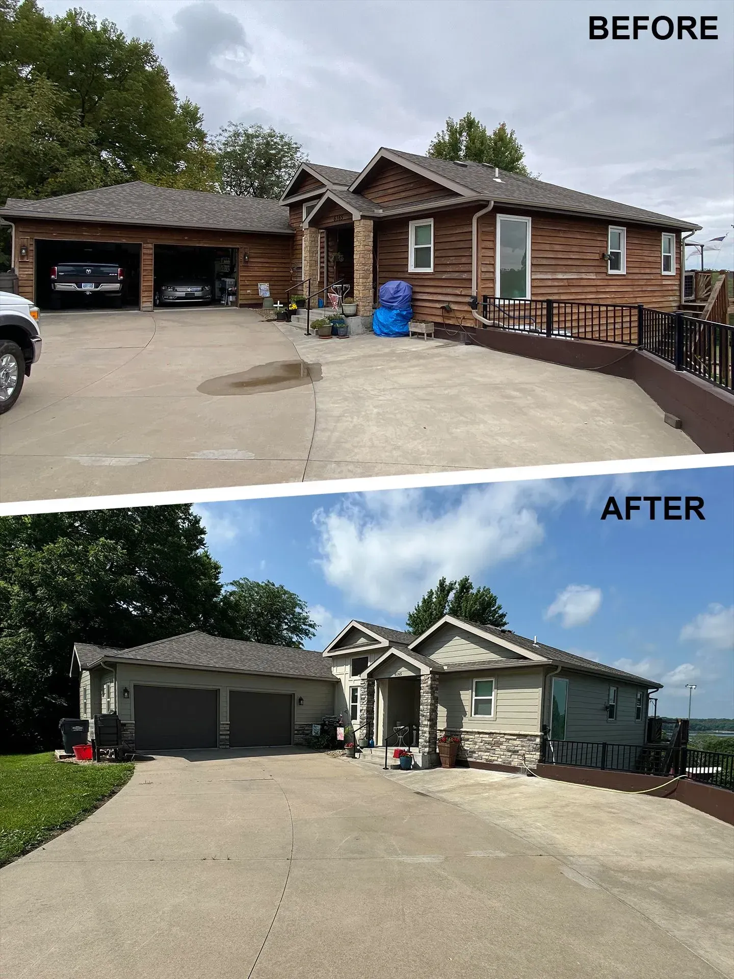 Before and after comparison of a home exterior renovation, showing a transition from wood-paneled siding to light stone.