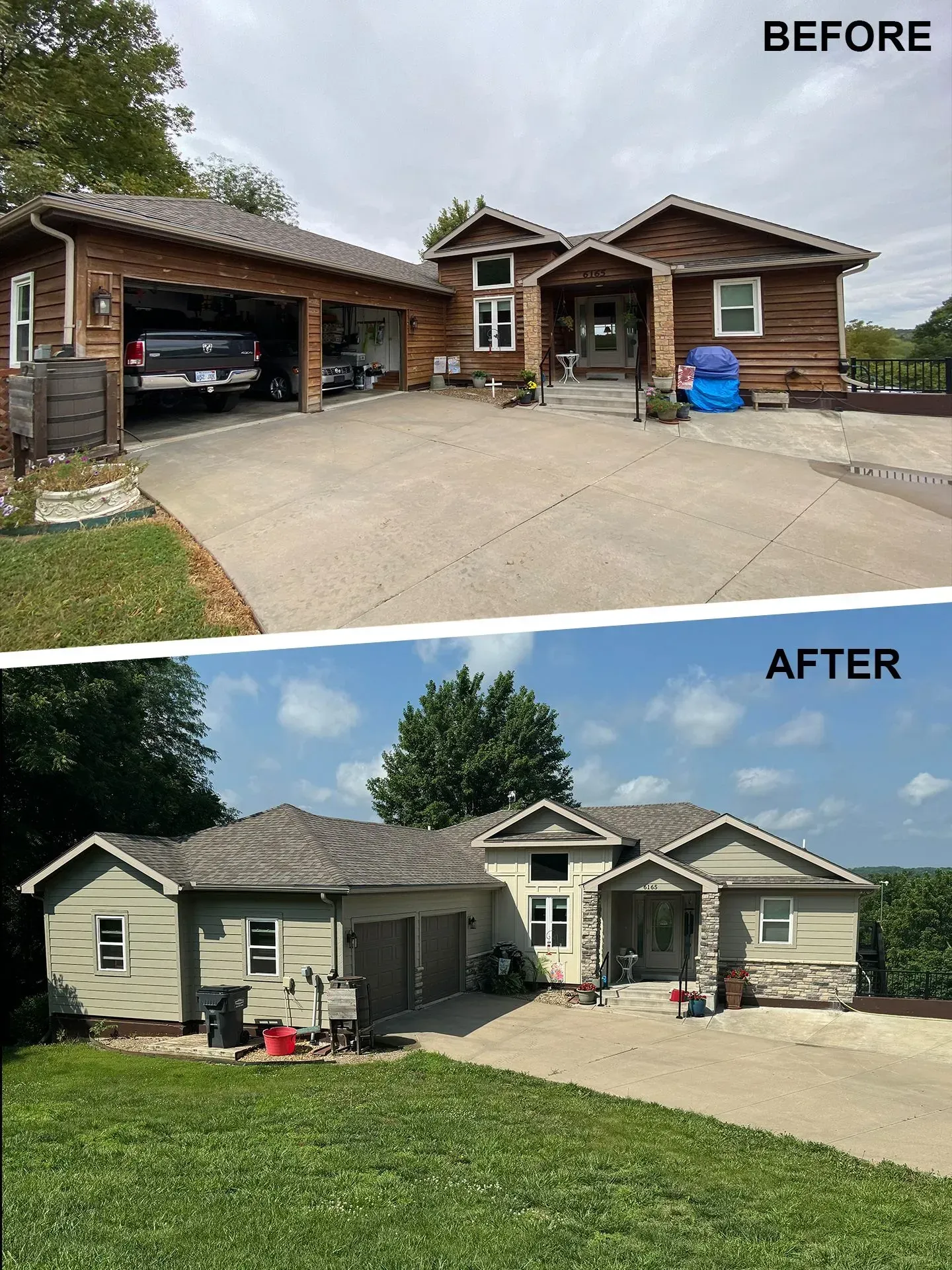 A before-and-after comparison of a house exterior transformed from dark wood siding to light-colored siding and stone.