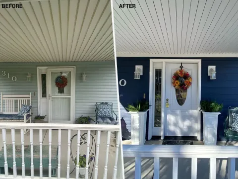 A split-view showing a home porch before and after painting the light blue siding a deep navy blue with new white planters.