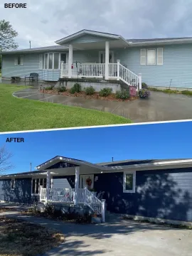 Before and after comparison of a single-story house exterior, showing a color change from light blue to deep navy blue.