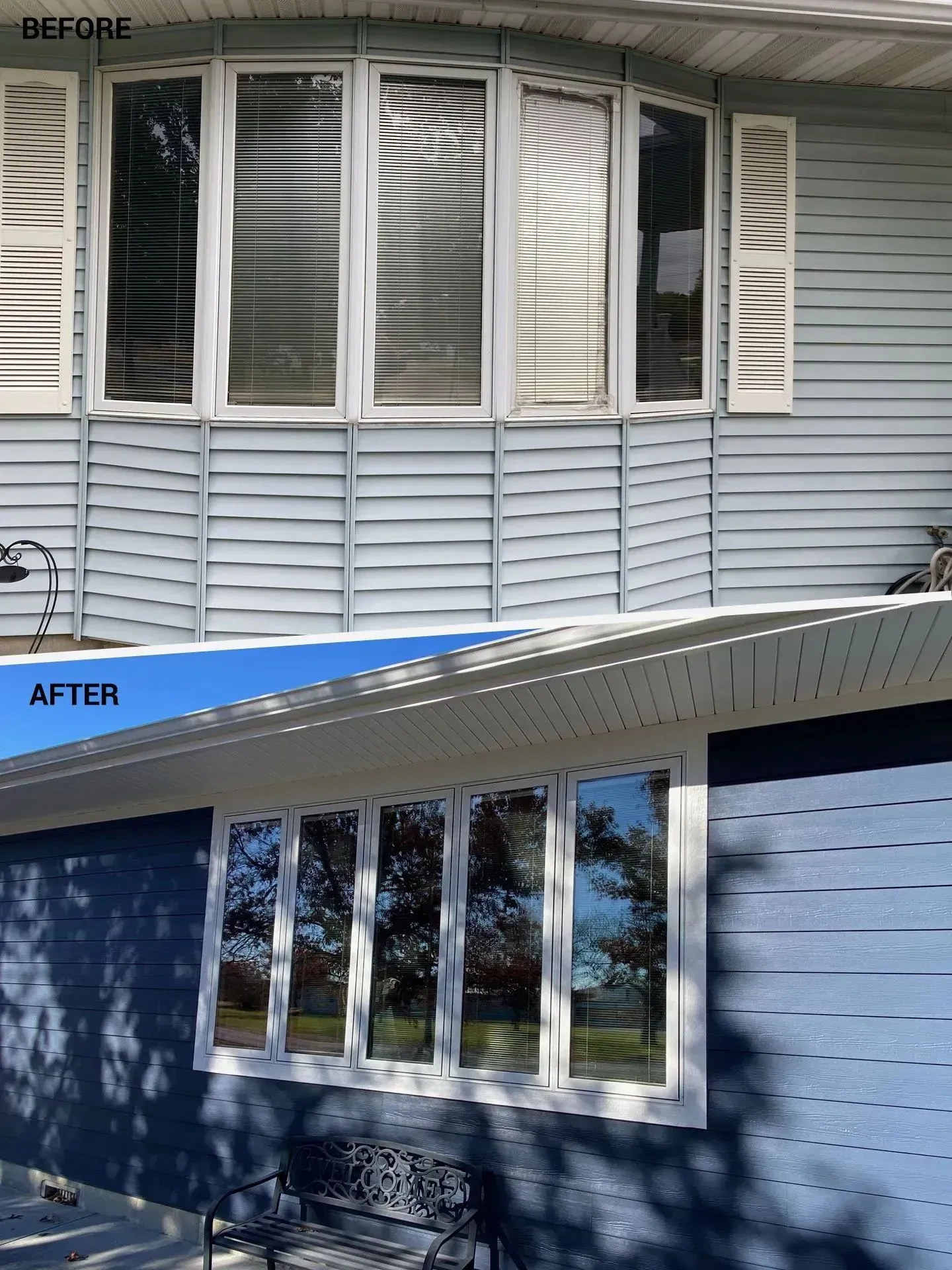 Before and after comparison of a home exterior renovation featuring new navy blue siding and a flat picture window.