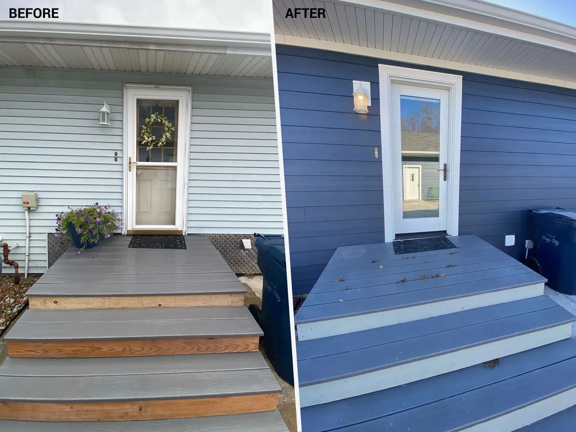 A before-and-after comparison of a home exterior showing blue siding and a blue painted deck.