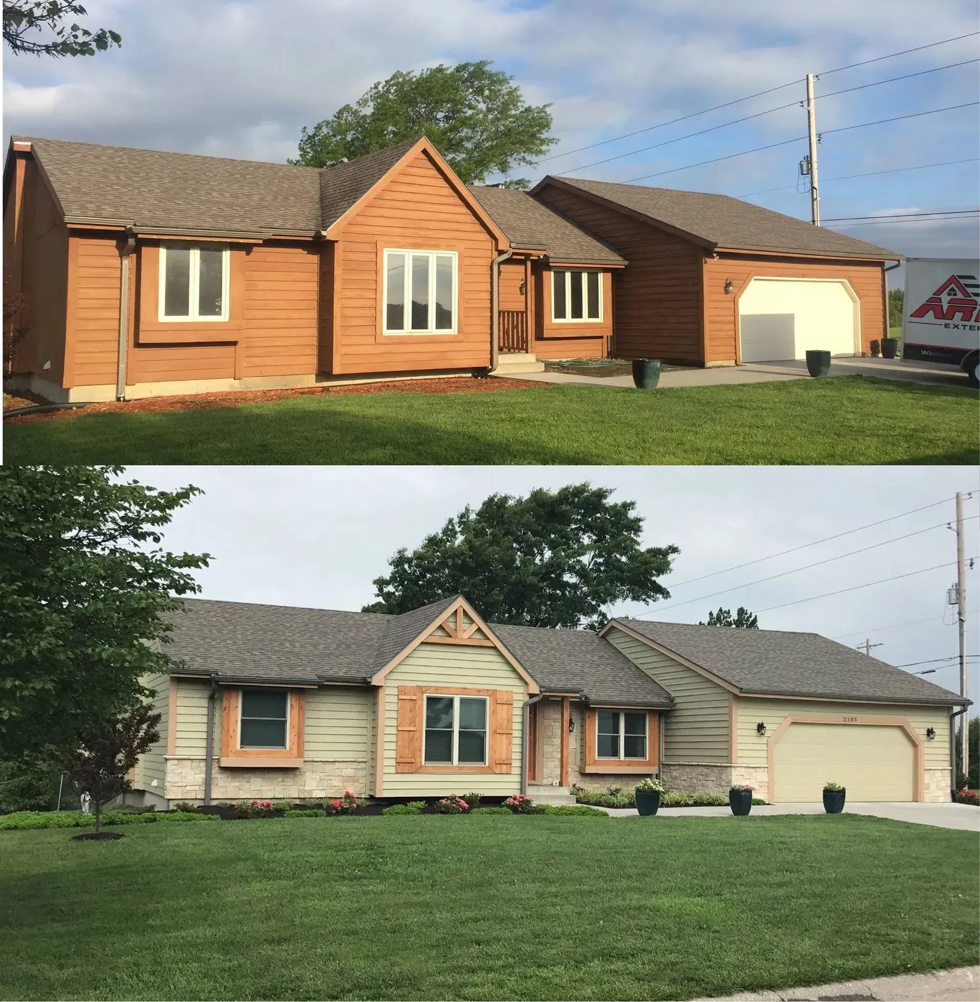 Before-and-after photos of a house exterior showing a transition from brown siding to cream siding with wood accents.