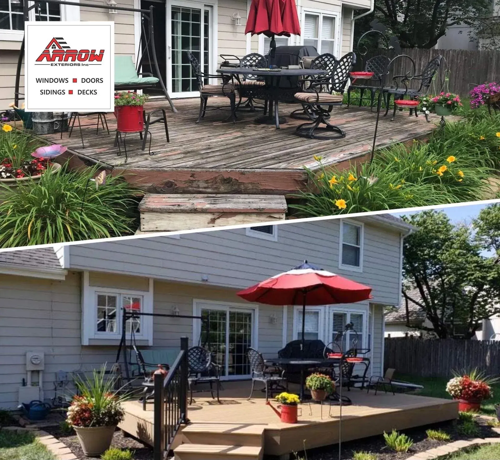 Before and after view of a residential deck renovation featuring new wood decking and stairs, with patio furniture.