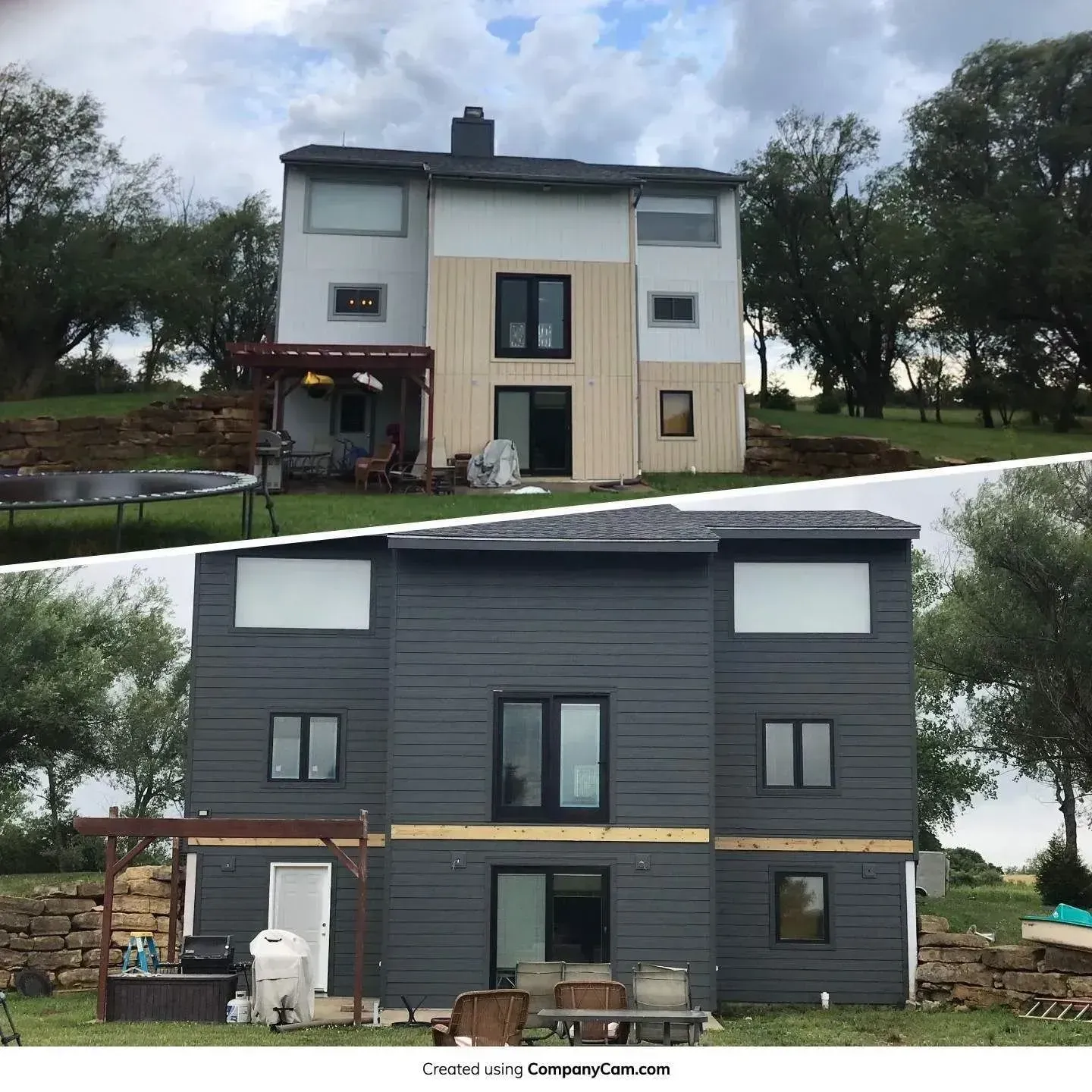 Before-and-after photo of a house exterior renovation, showing a transition from light-colored siding to dark gray paint.