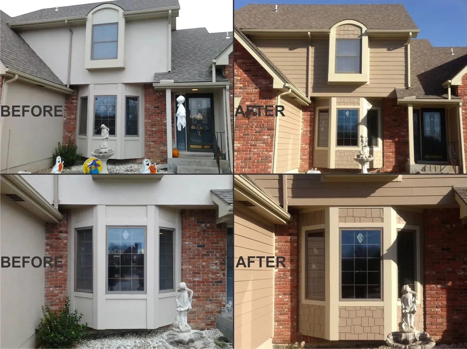 Before and after comparison of a house exterior renovation, showcasing updated siding and architectural details.