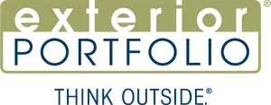 Logo for Exterior Portfolio featuring green text over a white box with blue text and the slogan, 