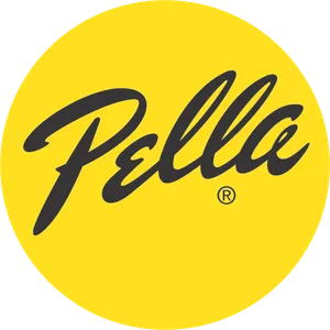 The Pella logo features the brand name in black, cursive script centered on a bright yellow circle background.