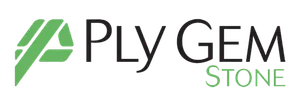 The Ply Gem Stone logo features a green abstract icon to the left of the black text 