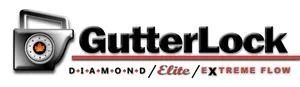 Logo for GutterLock featuring a stylized lock icon, the brand name in black, and product lines: Diamond, Elite, and Extreme.