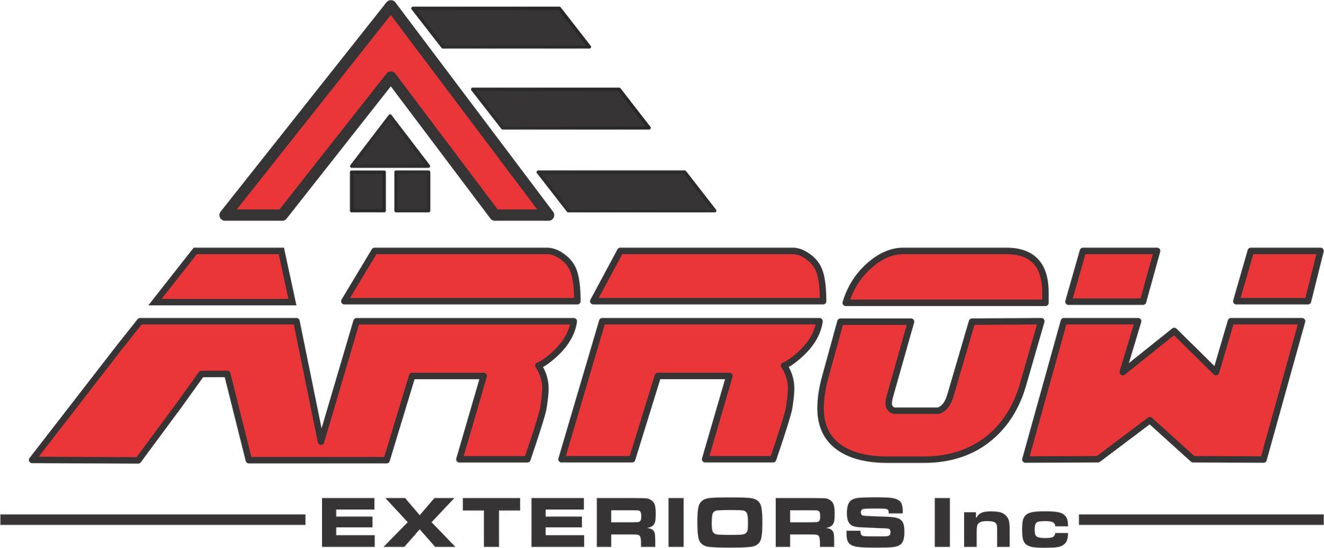 Logo for Arrow Exteriors Inc. featuring red text and a stylized roof icon in red and black.