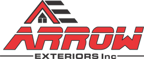 Logo for Arrow Exteriors Inc. featuring red text and a stylized roof icon in red and black.