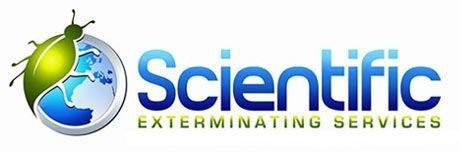 Logo for Scientific Exterminating Services featuring a green insect silhouette overlaying a blue globe icon.