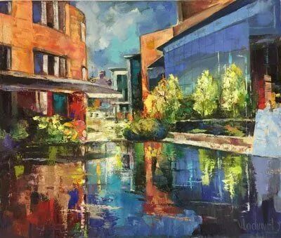 A painting of a city with buildings and trees reflected in the water.