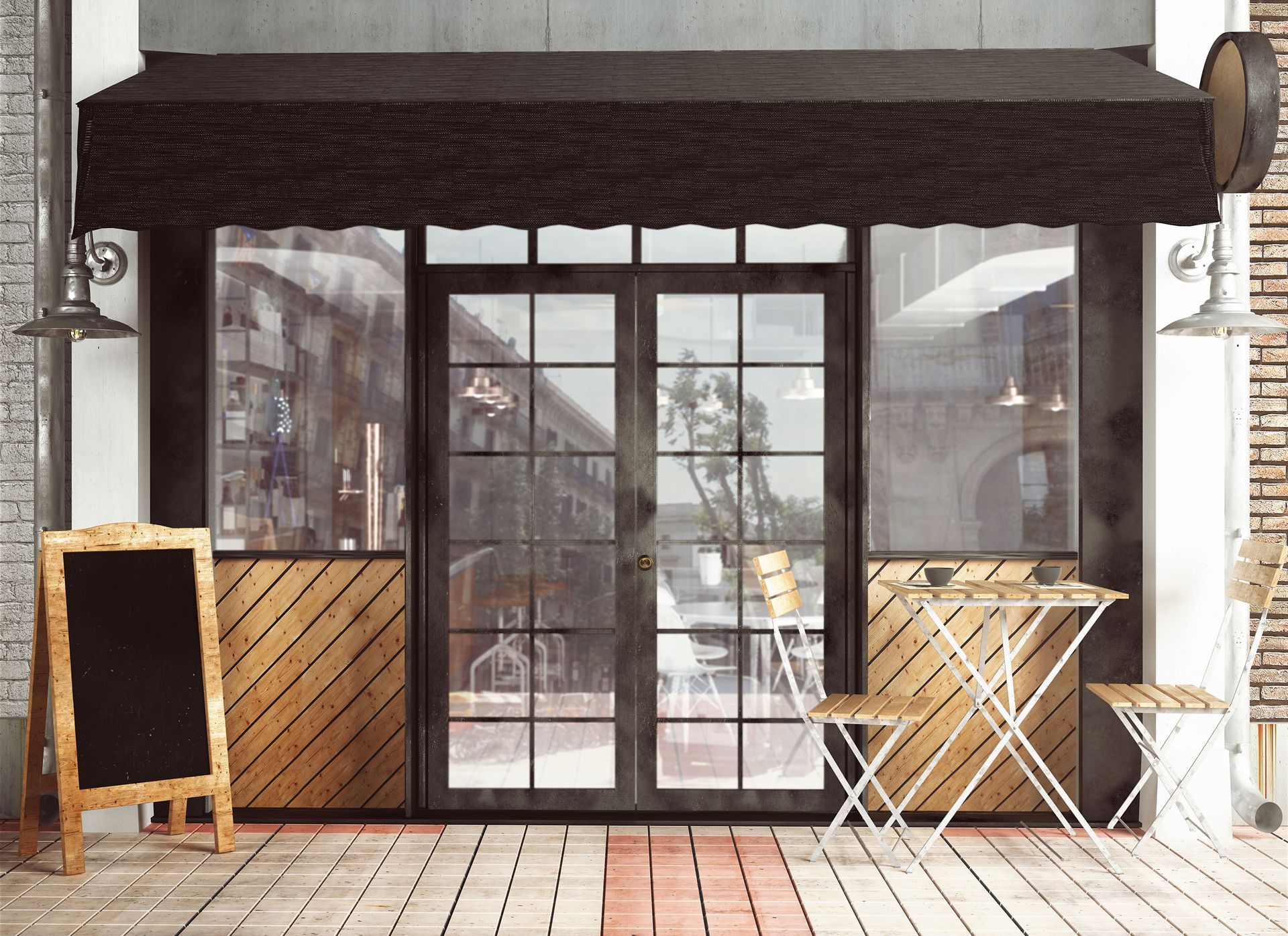 Empty café storefront with wooden awning, glass doors, chalkboard sign, and folded patio tables and chairs