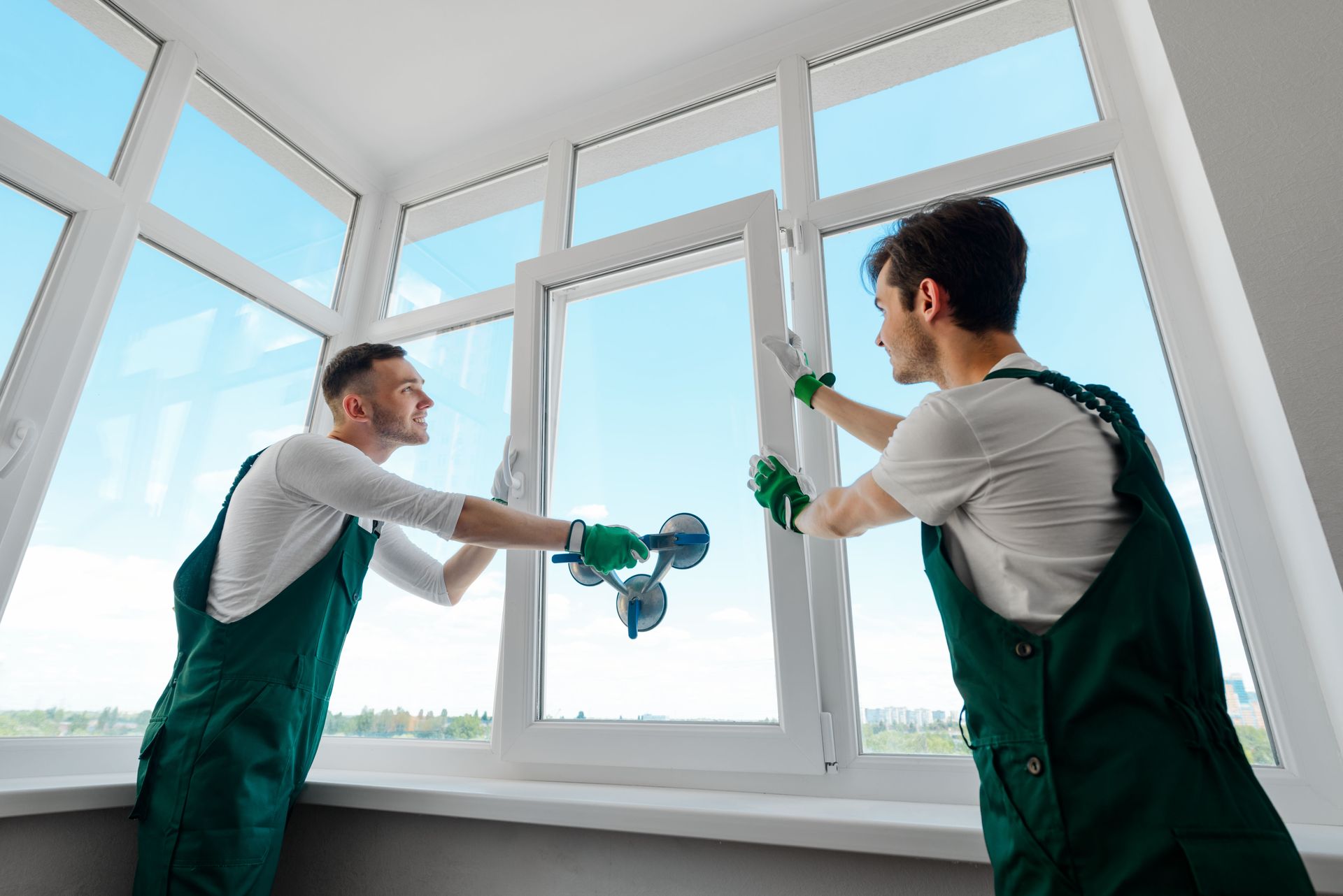 Two window cleaners in green overalls cleaning large white-framed windows with spray bottles and cloths.