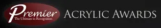 Premier Acrylic Awards logo, with a burgundy ellipse and white text on a black background.