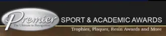 Premier Sport & Academic Awards logo with silver oval and text "Trophies, Plaques, Resin Awards and More".