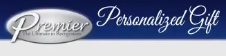 Logo: Premier Personalized Gift. White script on blue background with silver ellipse.