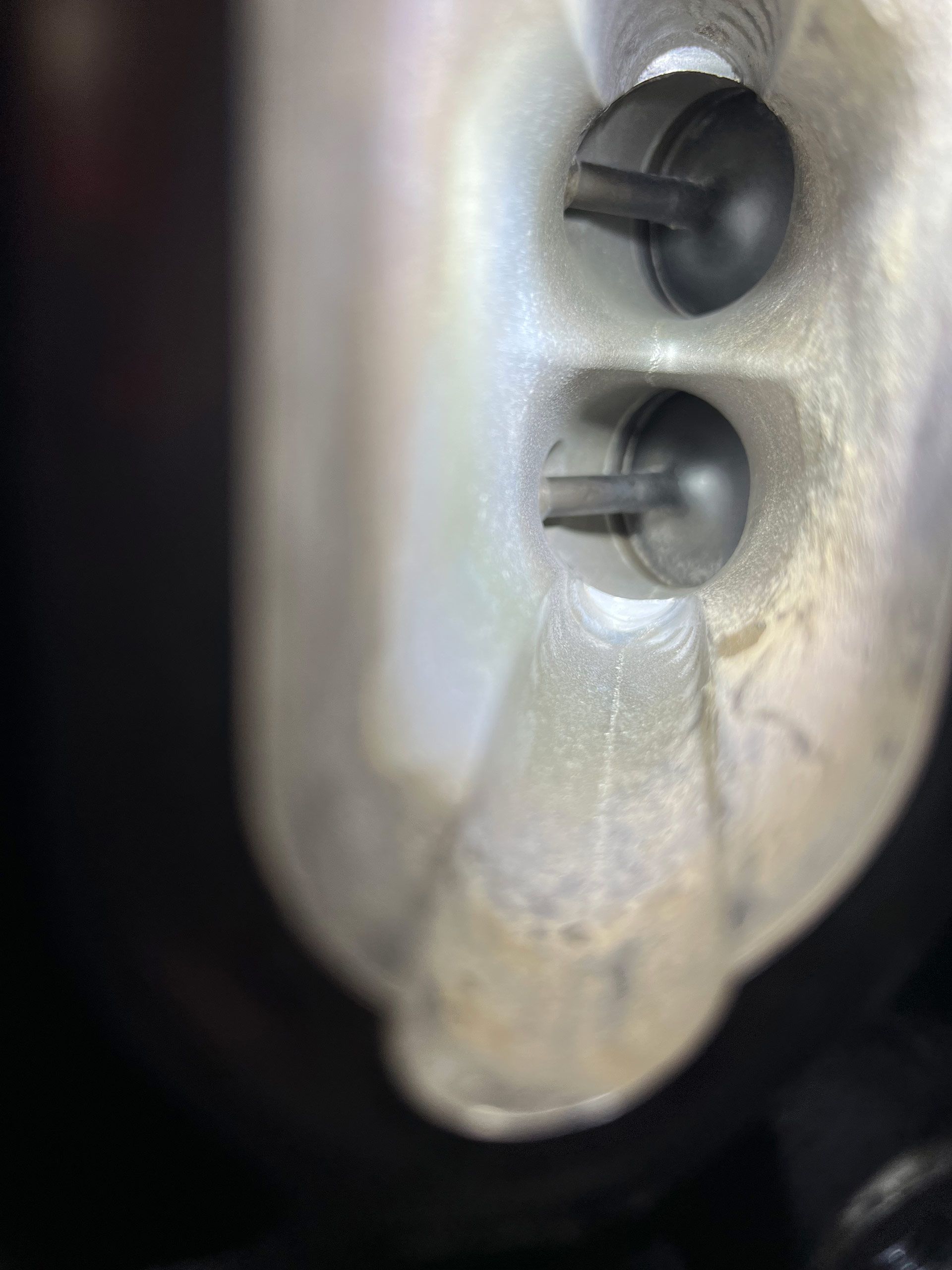 Close-up of a silver metal earphone with two dark speaker openings