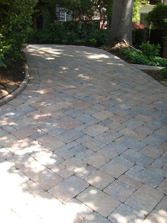 A brick driveway with a tree in the background