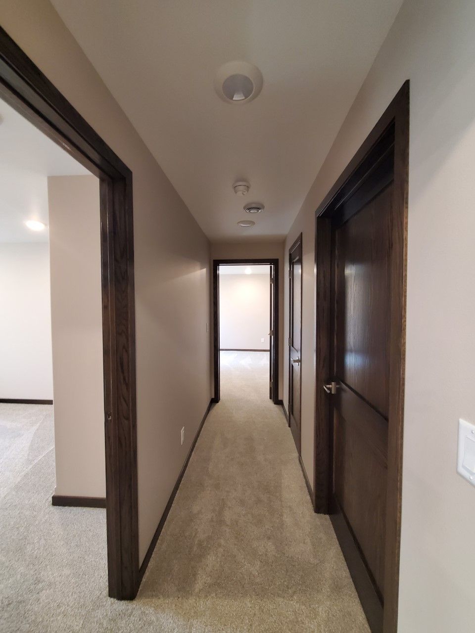 A long hallway with a carpeted floor and wooden doors