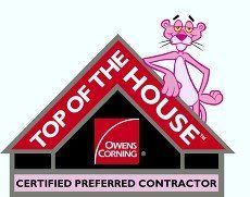 A pink panther is standing on top of a top of the house certified preferred contractor logo.