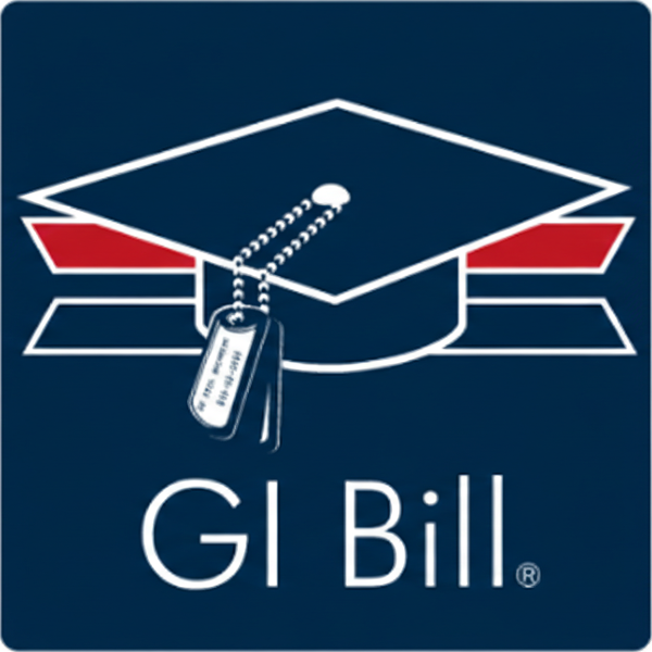 GI Bill logo, blue square with a graduation cap graphic, and the words 
