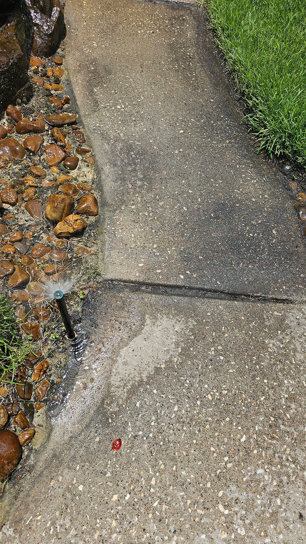 A concrete walkway with a sprinkler on the side of it.