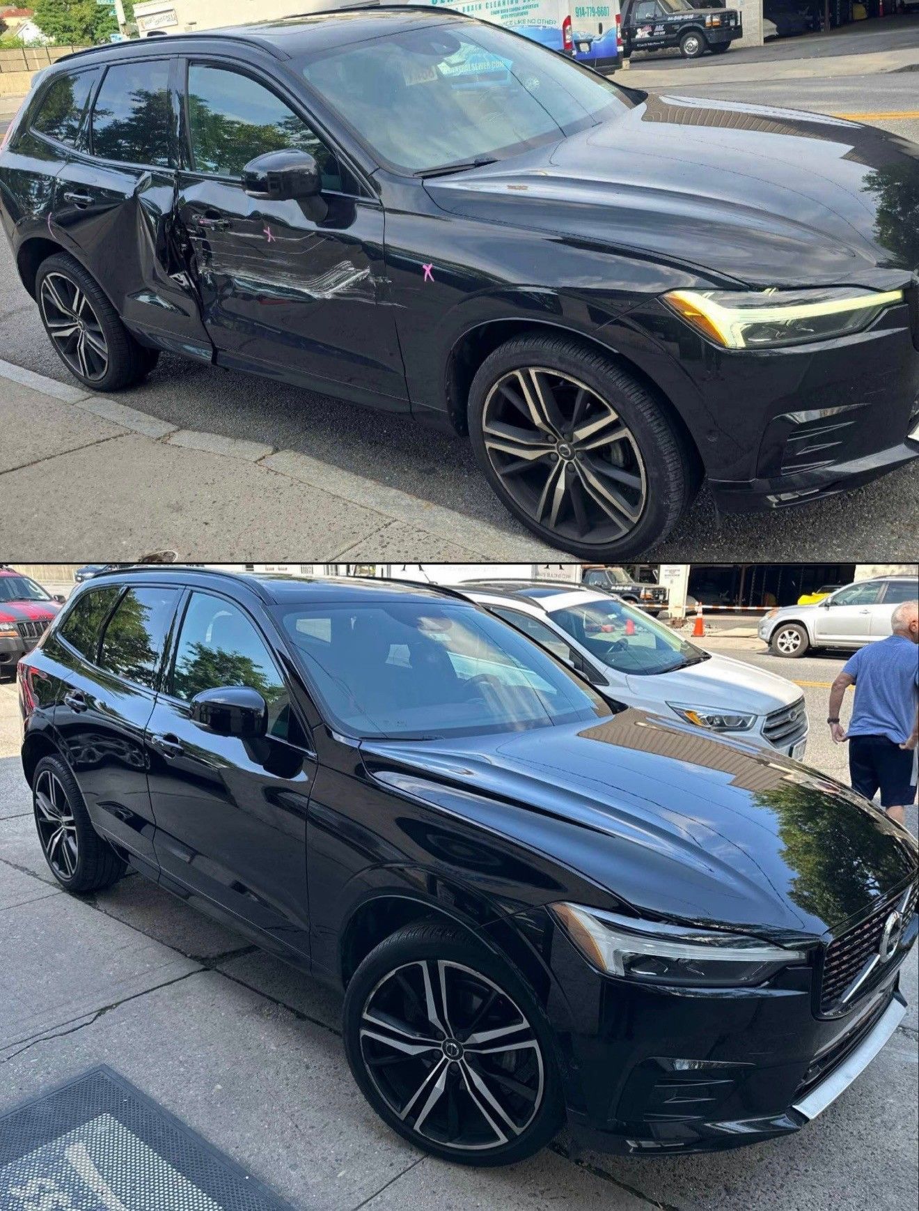 Black Volvo SUV with significant body damage repaired, appearing new.