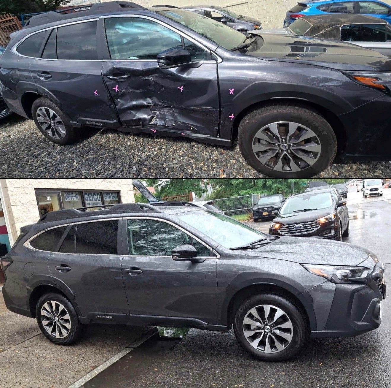 Damaged gray Subaru Outback before and after repair. Showing side panel damage, then fully repaired.