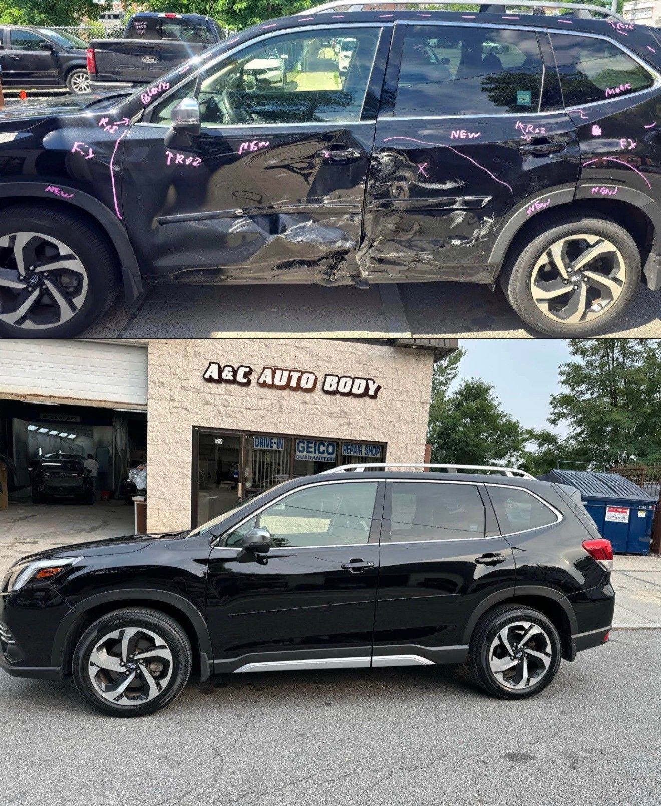 Damaged black SUV before and after repair at AEC Auto Body. The repaired car looks new.