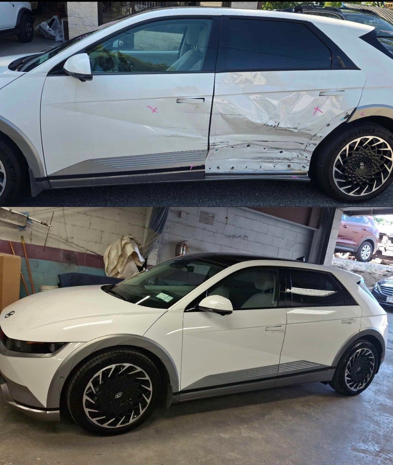White Hyundai Ioniq 5, damaged then repaired. Top: dented side panel. Bottom: restored vehicle.