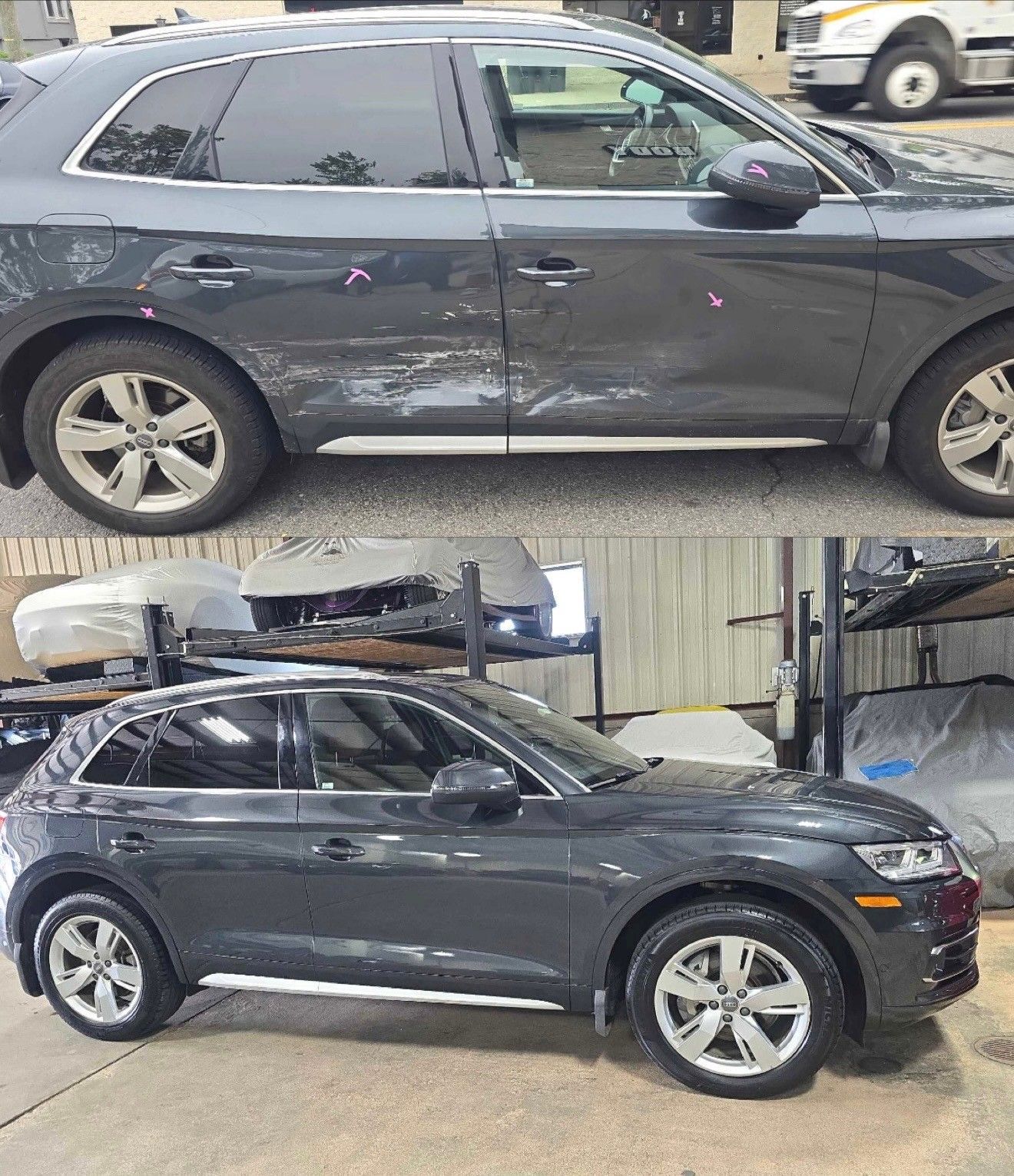 Damaged gray SUV before and after repair. Showing scratched side panel fixed in a garage setting.