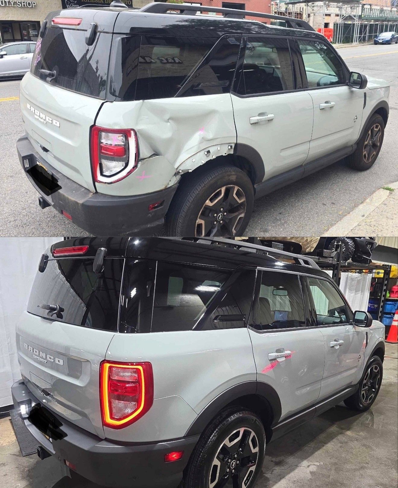 Ford Bronco Sport with damaged rear quarter panel (top) and after repair (bottom). Light grey car, black roof.