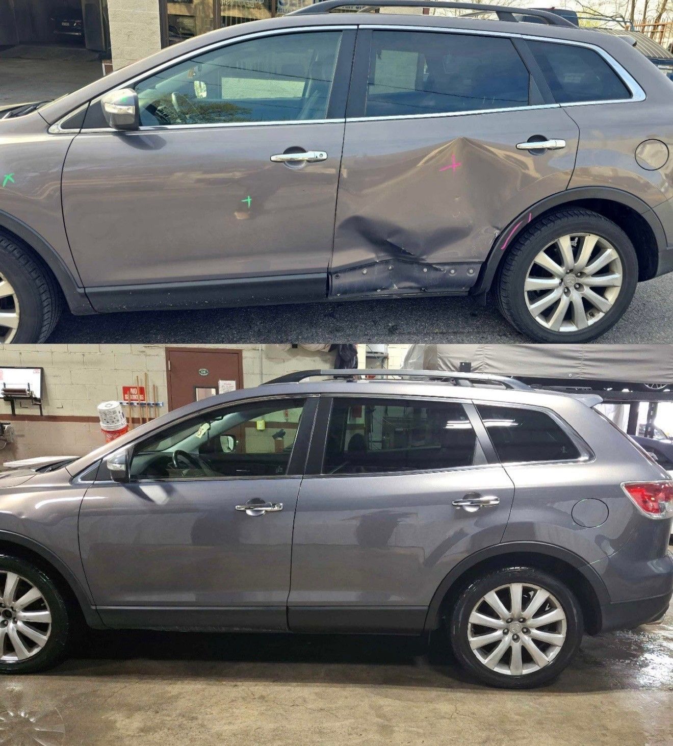 Car dent repair before and after. Gray SUV with a large dent repaired.